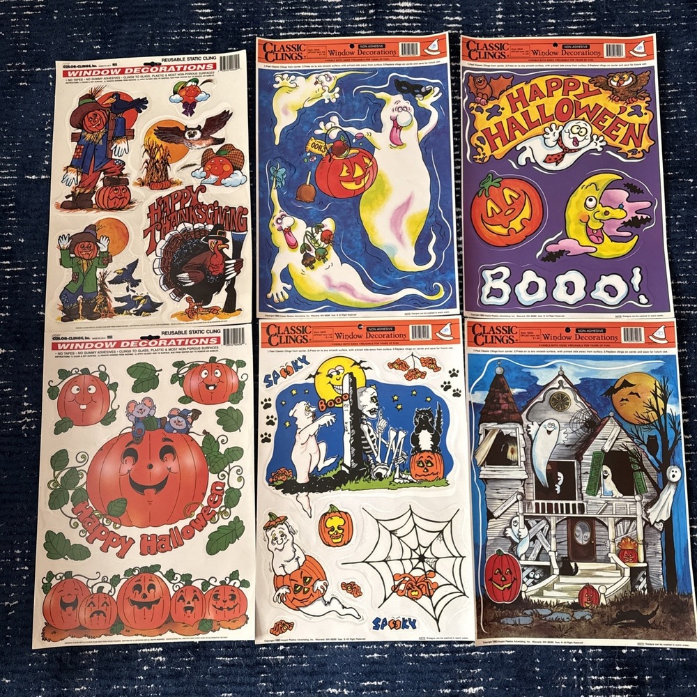 Vintage Halloween Fall Window Clings Decorations Lot 90s - 6 Sheets Ghosts